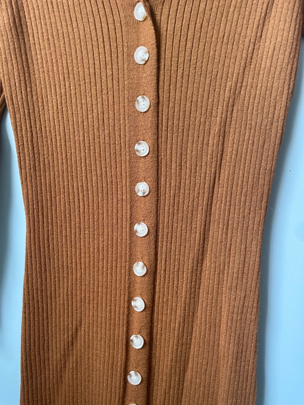 Heartloom Ribbed Button-Front Long Sleeve Midi Dress in Rust - Picture 3 of 7